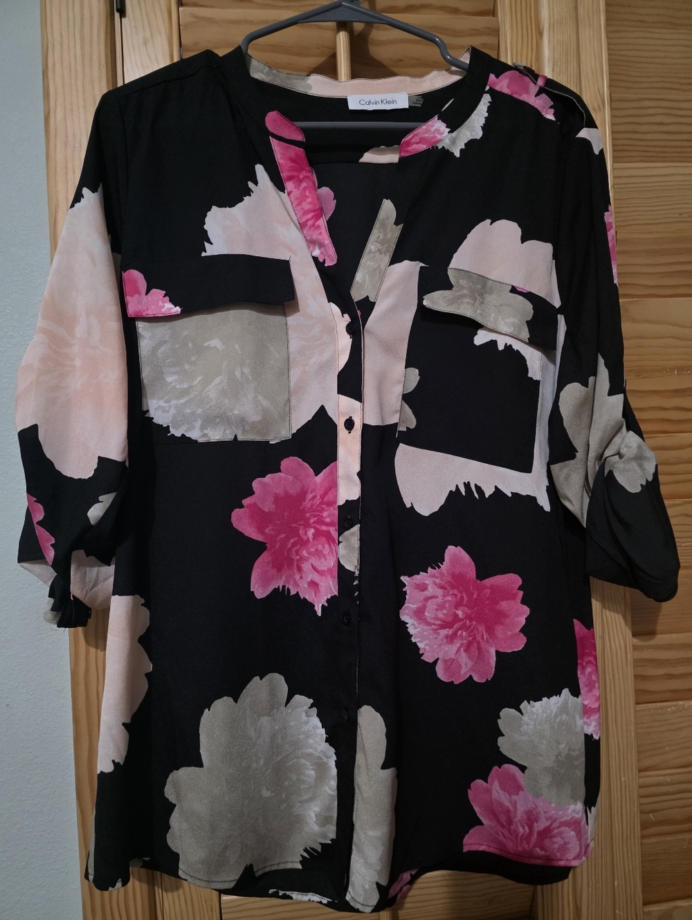 Calvin Klein Black Blouse with Pink and Cream Floral Print